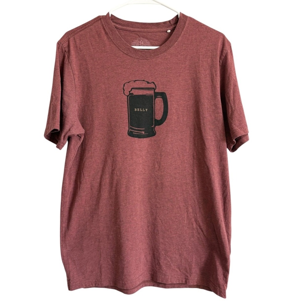 Prana Mens Sz Medium Burgundy Heather Beer Belly Graphic Tshirt Short Sleeve Tee